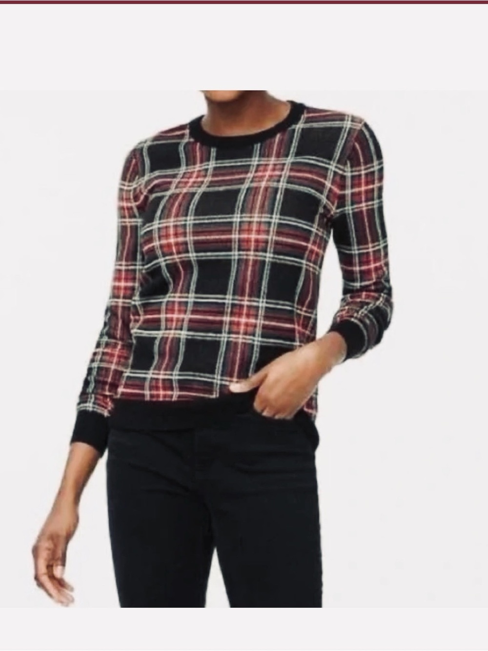 J.CREW Black Stewart Tartan Plaid Teddie Pullover Sweater Size Small